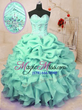 Custom Made Floor Length Apple Green Ball Gown Prom Dress Organza Sleeveless Beading and Ruffles and Pick Ups