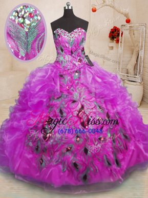 Decent Beading and Appliques and Ruffles 15th Birthday Dress Purple Zipper Sleeveless Floor Length