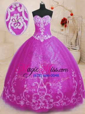 Simple Fuchsia Lace Up Sweetheart Beading and Embroidery Sweet 16 Dresses Tulle Sleeveless