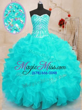 Smart Aqua Blue Organza Lace Up Sweetheart Sleeveless Floor Length Sweet 16 Quinceanera Dress Beading and Ruffles and Sequins