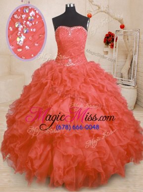 Excellent Orange Red Lace Up Strapless Beading and Ruffles and Ruching Sweet 16 Dresses Organza Sleeveless