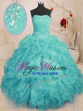 Artistic Aqua Blue Organza Lace Up Strapless Sleeveless Floor Length Quinceanera Dress Beading and Ruffles