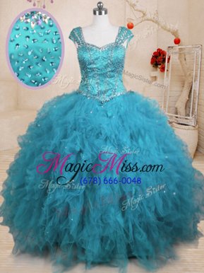 Baby Blue Lace Up Square Beading and Ruffles Quinceanera Gown Tulle Cap Sleeves
