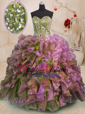 Best Sweetheart Sleeveless Ball Gown Prom Dress Floor Length Beading and Ruffles Multi-color Organza