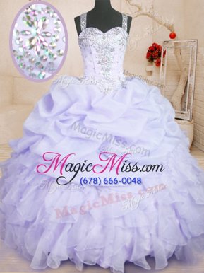 New Style Lavender Sleeveless Floor Length Beading and Ruffles and Pick Ups Zipper Sweet 16 Quinceanera Dress