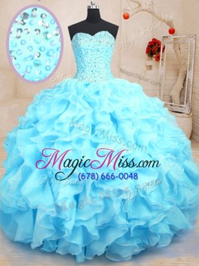 Flare Baby Blue Lace Up Quince Ball Gowns Beading and Ruffles Sleeveless Floor Length