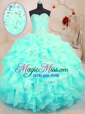 Delicate Aqua Blue Sleeveless Beading and Ruffles Floor Length Sweet 16 Dress