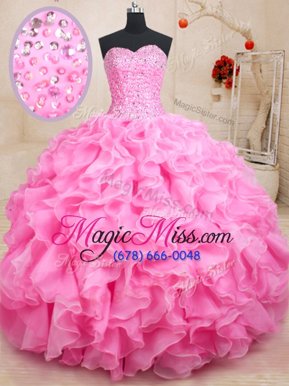 Stylish Rose Pink Sweetheart Lace Up Beading and Ruffles Quinceanera Dresses Sleeveless