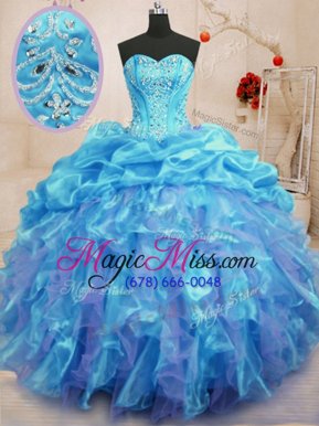 Clearance Sweetheart Sleeveless Quinceanera Gowns Floor Length Beading and Ruffles Aqua Blue Organza