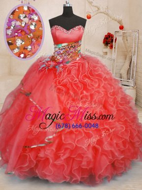 High End Coral Red Sleeveless Organza Lace Up Quinceanera Dresses for Military Ball and Sweet 16 and Quinceanera