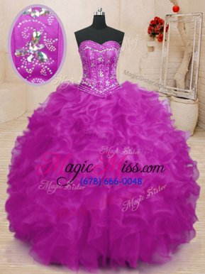 Most Popular Fuchsia Ball Gowns Beading and Ruffles 15th Birthday Dress Lace Up Organza Sleeveless Floor Length