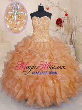 Latest Sweetheart Sleeveless Quinceanera Gowns Floor Length Beading and Ruffles Orange Organza