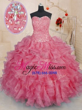 Clearance Pink Lace Up Quinceanera Dress Beading and Ruffles Sleeveless Floor Length