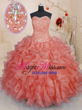 High End Floor Length Watermelon Red Quince Ball Gowns Organza Sleeveless Beading and Ruffles