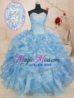 Noble Blue Sleeveless Organza Lace Up Sweet 16 Quinceanera Dress for Military Ball and Sweet 16 and Quinceanera