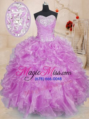 Simple Sleeveless Floor Length Beading and Ruffles Lace Up Ball Gown Prom Dress with Lilac