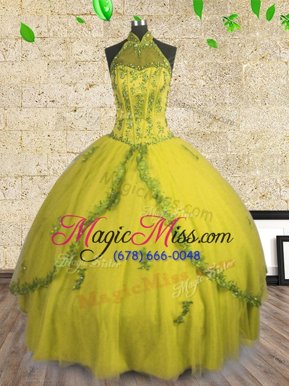 Delicate Halter Top Floor Length Yellow Vestidos de Quinceanera Tulle Sleeveless Beading