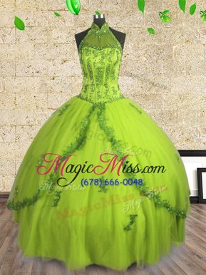 Best Halter Top Sleeveless Sweet 16 Dress Floor Length Beading Yellow Green Tulle