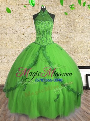 Traditional Halter Top Floor Length Lace Up Quinceanera Gowns for Military Ball and Sweet 16 and Quinceanera with Beading