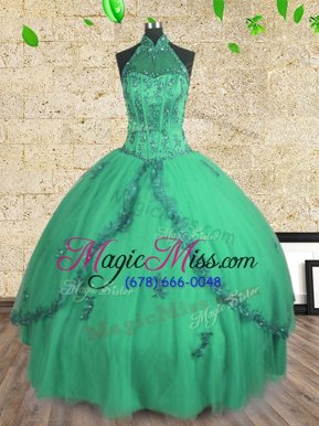 Simple Halter Top Floor Length Turquoise Quinceanera Dresses Tulle Sleeveless Beading