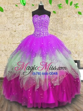 Luxury Sweetheart Sleeveless 15 Quinceanera Dress Floor Length Beading and Ruffles and Ruffled Layers Multi-color Tulle