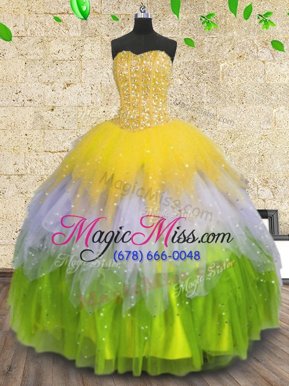 Fine Tulle Sleeveless Floor Length Sweet 16 Quinceanera Dress and Beading and Ruffles and Sequins