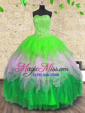 Amazing Multi-color Tulle Lace Up Sweetheart Sleeveless Floor Length Sweet 16 Quinceanera Dress Beading and Ruffles and Sequins