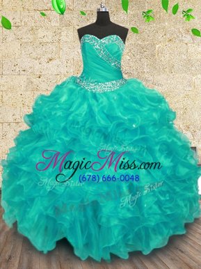 Ideal Turquoise Ball Gown Prom Dress Military Ball and Sweet 16 and Quinceanera and For with Beading Sweetheart Sleeveless Lace Up