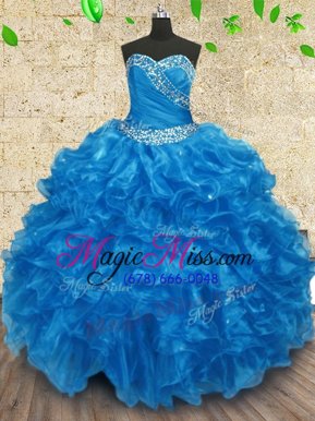 New Arrival Baby Blue Organza Lace Up Sweetheart Sleeveless Floor Length Ball Gown Prom Dress Beading and Ruching