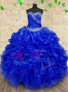 Designer Floor Length Lace Up Sweet 16 Quinceanera Dress Royal Blue and In for Military Ball and Sweet 16 and Quinceanera with Beading and Ruffles and Ruching