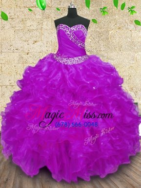 Halter Top Sleeveless Organza Floor Length Lace Up Sweet 16 Dress in Purple for with Beading and Ruffles and Ruching