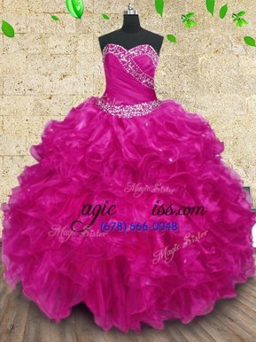 Traditional Fuchsia Ball Gowns Organza Sweetheart Sleeveless Beading and Ruffles and Ruching Floor Length Lace Up Quinceanera Gown