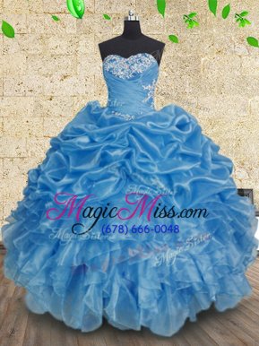 Modest Baby Blue Sleeveless Organza Lace Up Quinceanera Dresses for Military Ball and Sweet 16 and Quinceanera