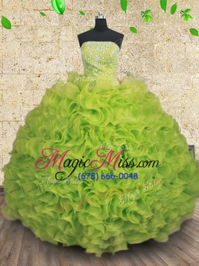Simple Yellow Green Organza Lace Up Strapless Sleeveless Floor Length Quinceanera Gowns Beading and Ruffles