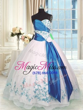 Suitable Blue And White Sleeveless Organza Lace Up 15th Birthday Dress for Military Ball and Sweet 16 and Quinceanera