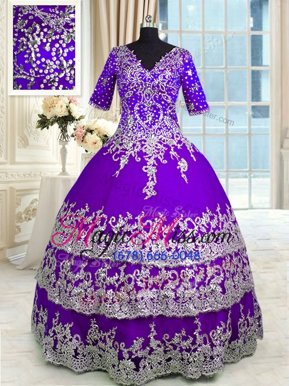 Ideal Purple Ball Gowns Beading and Appliques and Ruffled Layers Ball Gown Prom Dress Zipper Tulle Half Sleeves Floor Length