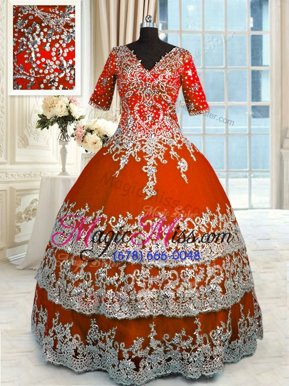 Colorful Orange Red Zipper V-neck Beading and Appliques and Ruffles Sweet 16 Dress Tulle Half Sleeves