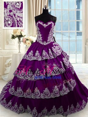 Delicate Ruffled Court Train Ball Gowns 15th Birthday Dress Purple Sweetheart Taffeta Sleeveless With Train Lace Up