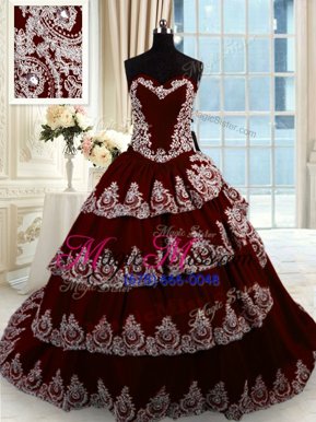 Luxury Beading and Appliques and Ruffled Layers Sweet 16 Dresses Wine Red Lace Up Sleeveless With Train Court Train