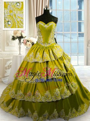 Most Popular Olive Green Sweetheart Neckline Beading and Appliques and Ruffled Layers 15th Birthday Dress Sleeveless Lace Up