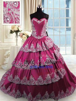 Hot Sale Fuchsia Sleeveless Court Train Beading and Appliques and Ruffled Layers With Train 15 Quinceanera Dress