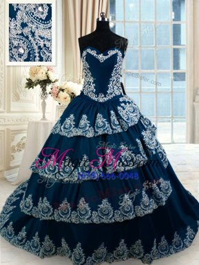 New Style Navy Blue Taffeta Lace Up Quinceanera Gown Sleeveless With Train Court Train Beading and Appliques and Ruffled Layers