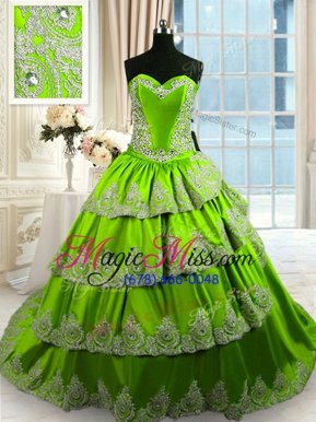 Pretty With Train Lace Up Quince Ball Gowns Green and In for Military Ball and Sweet 16 and Quinceanera with Beading and Appliques and Ruffled Layers Court Train