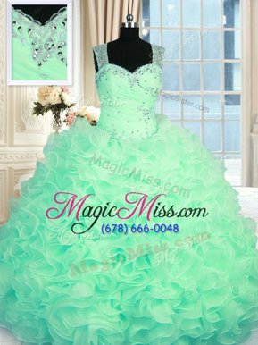 Flirting Beading and Ruffles 15th Birthday Dress Apple Green Zipper Sleeveless Floor Length