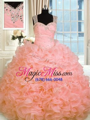 Fantastic Floor Length Watermelon Red Ball Gown Prom Dress Organza Sleeveless Beading and Ruffles
