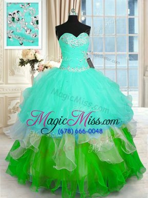 Free and Easy Floor Length Lace Up Sweet 16 Quinceanera Dress Multi-color and In for Military Ball and Sweet 16 and Quinceanera with Beading and Ruffled Layers