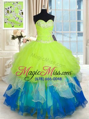 Fantastic Sleeveless Floor Length Beading and Ruffles Lace Up Quinceanera Dress with Multi-color