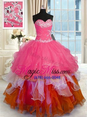 Attractive Floor Length Lace Up Sweet 16 Dress Multi-color and In for Military Ball and Sweet 16 and Quinceanera with Beading and Ruffles