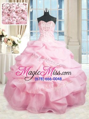 Sophisticated Organza Sweetheart Sleeveless Lace Up Beading and Ruffles Sweet 16 Quinceanera Dress in Pink