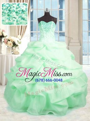 Graceful Apple Green Organza Lace Up 15th Birthday Dress Sleeveless Floor Length Beading and Ruffles